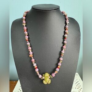 Multicolor necklace with Unakite carved frog bead